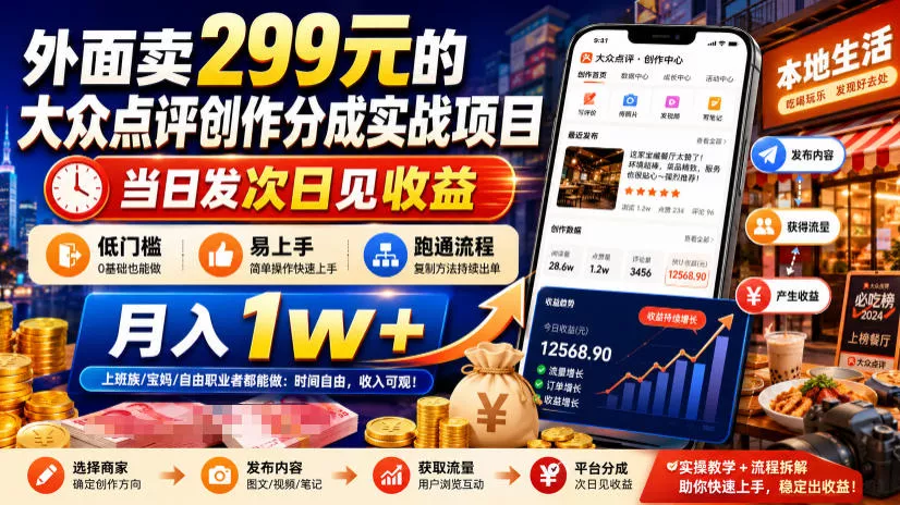 外面卖299元的大众点评创作分成实战项目，当日发次日见收益，低门槛易上手，跑通流程月入1w+-小灰云创
