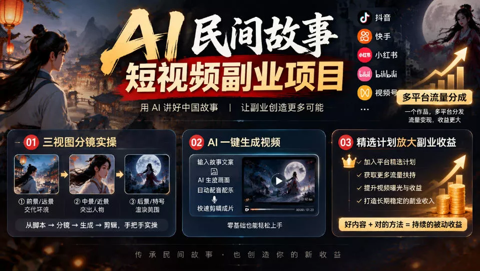 AI民间故事短视频副业项目，多平台流量分成，三视图分镜实操，精选计划放大副业收益-小灰云创