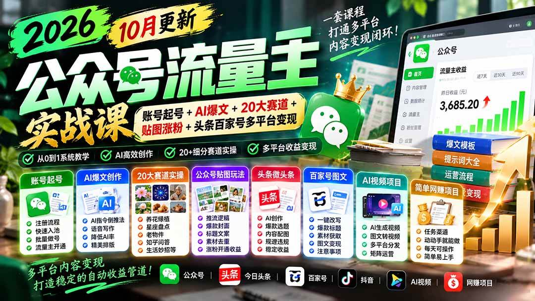 (20878期)2026公众号流量主实战课-10月更新:账号起号+AI爆文+20大赛道+贴图涨粉+头条百家号多平台变现-小灰云创