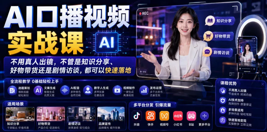 AI口播视频实战课，不用真人出镜，不管是知识分享、好物带货还是剧情访谈，都可以快速落地-小灰云创