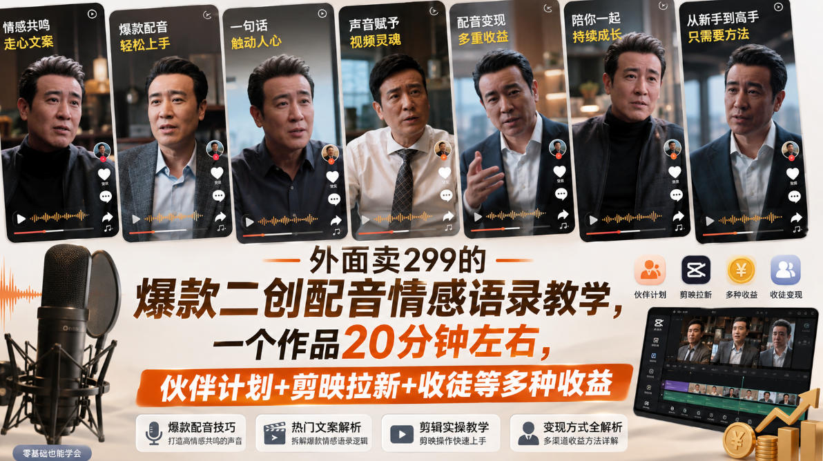外面卖299的爆款二创配音情感语录教学,一个作品20分钟左右,伙伴计划+剪映拉新+收徒等多种收益-小灰云创