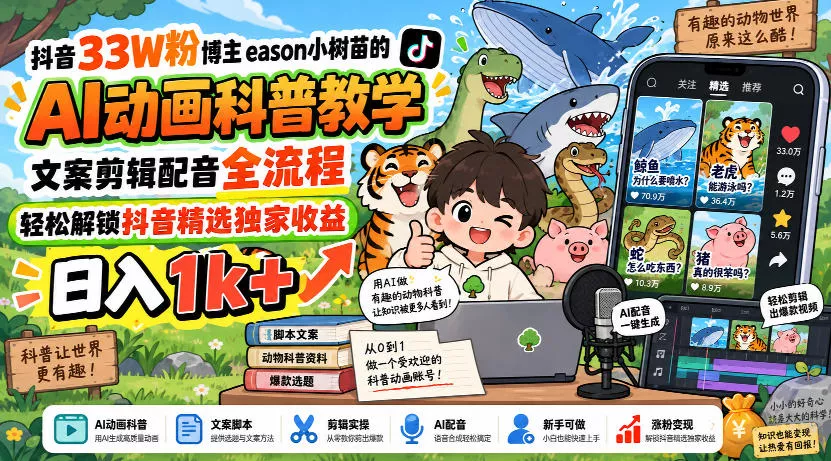 抖音33W粉博主eason小树苗的AI动画科普教学,文案剪辑配音全流程,轻松解锁抖音精选独家收益,日入1k+-小灰云创