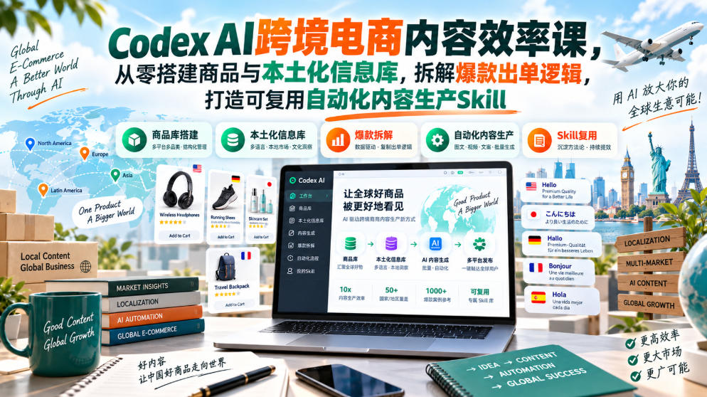 Codex AI跨境电商内容效率课，从零搭建商品与本土化信息库，拆解爆款出单逻辑，打造可复用自动化内容生产Skill-小灰云创