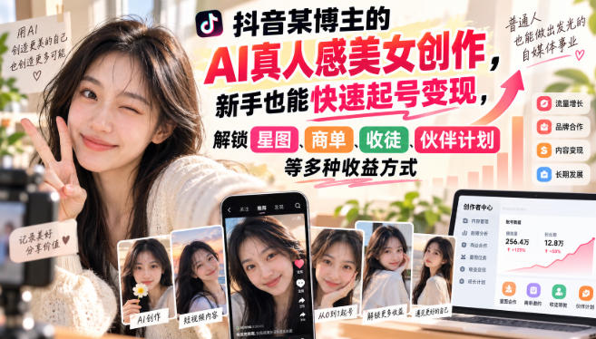 抖音某博主的AI真人感美女创作，新手也能快速起号变现，解锁星图，商单，收徒，伙伴计划等多种收益方式-小灰云创
