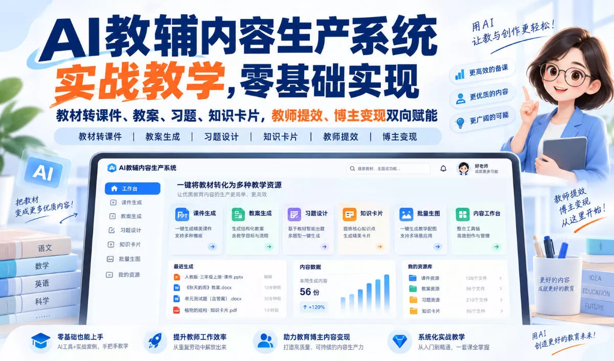 AI教辅内容生产系统实战教学，零基础实现教材转课件、教案、习题、知识卡片，教师提效、博主变现双向赋能-小灰云创