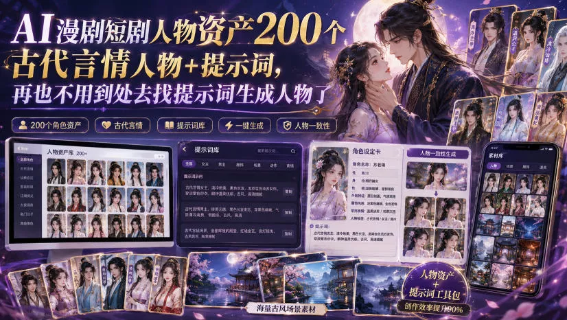 AI漫剧短剧人物资产200个古代言情人物+提示词，再也不用到处去找提示词生成人物了-小灰云创