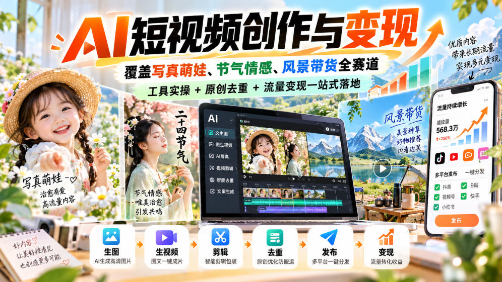 AI短视频创作与变现,覆盖写真萌娃、节气情感、风景带货全赛道,工具实操+原创去重+流量变现一站式落地-小灰云创