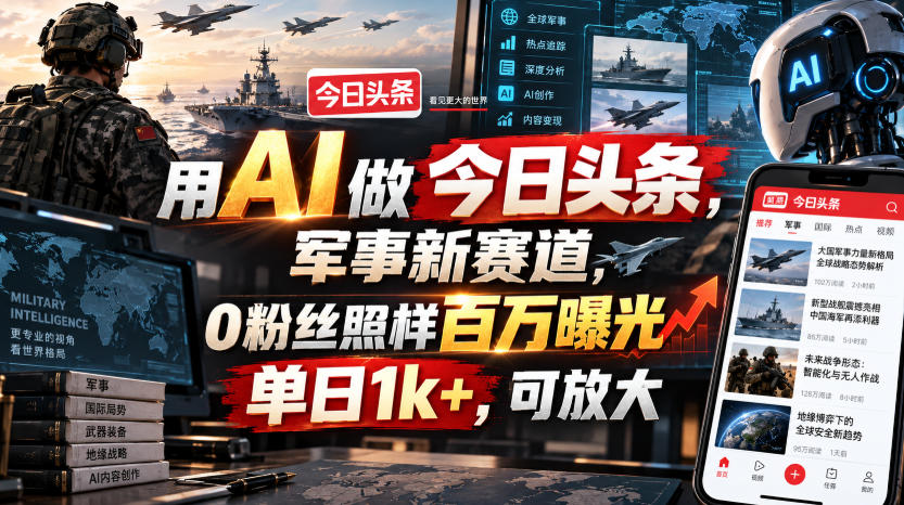 用AI做今日头条,军事新赛道,0粉丝照样百万曝光,单日1k+,可放大-小灰云创