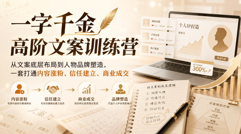 一字千金高阶文案训练营,从文案底层布局到人物品牌塑造,一套打通内容涨粉、信任建立、商业成交-小灰云创