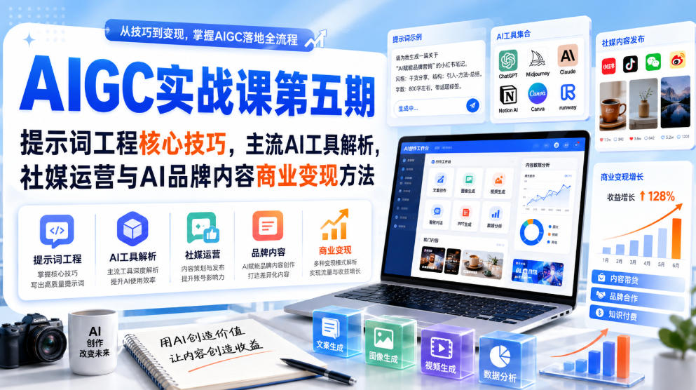 刺猬星球·AIGC实战课第五期，提示词工程核心技巧，主流AI工具解析，社媒运营与AI品牌内容商业变现方法-小灰云创