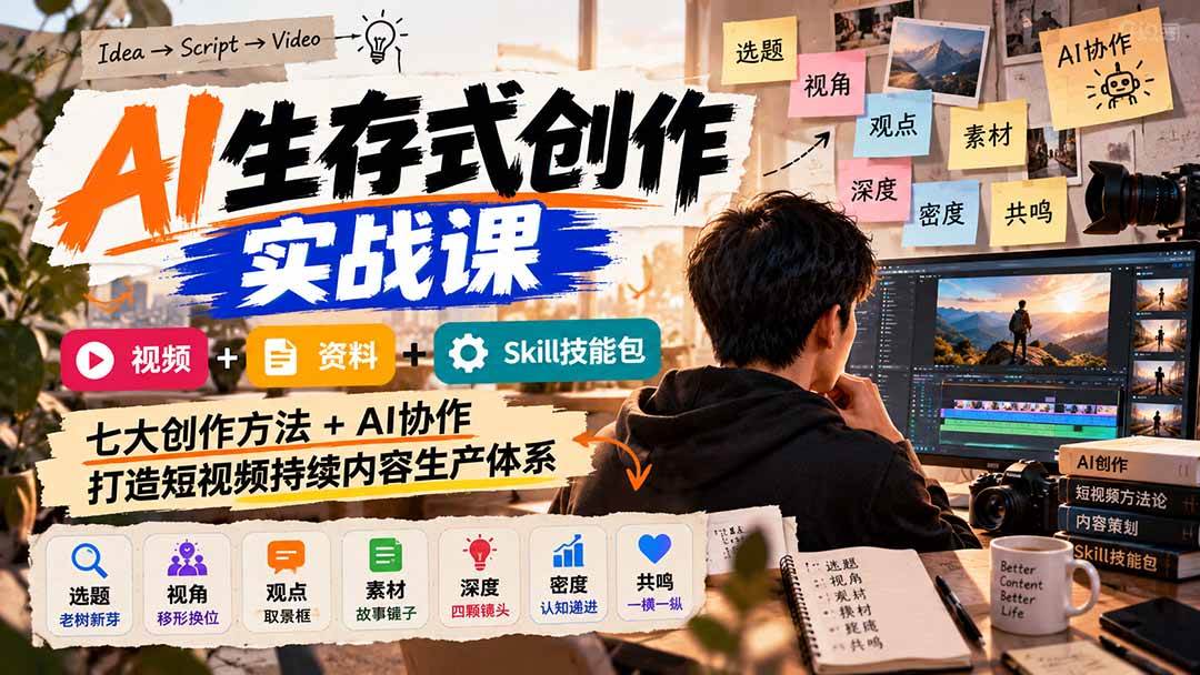 （21081期）AI生存式创作实战课：视频+资料+Skill技能包，七大创作方法+AI协作，打造短视频持续内容生产体系-小灰云创