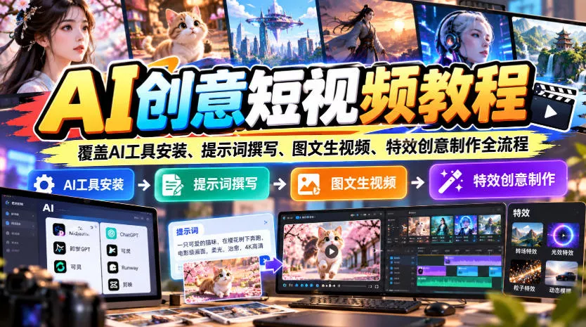 AI创意短视频教程，覆盖AI工具安装、提示词撰写、图文生视频、特效创意制作全流程-小灰云创