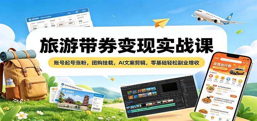旅游带券变现实战课：账号起号涨粉，团购挂载，AI文案剪辑，零基础轻松副业增收-小灰云创