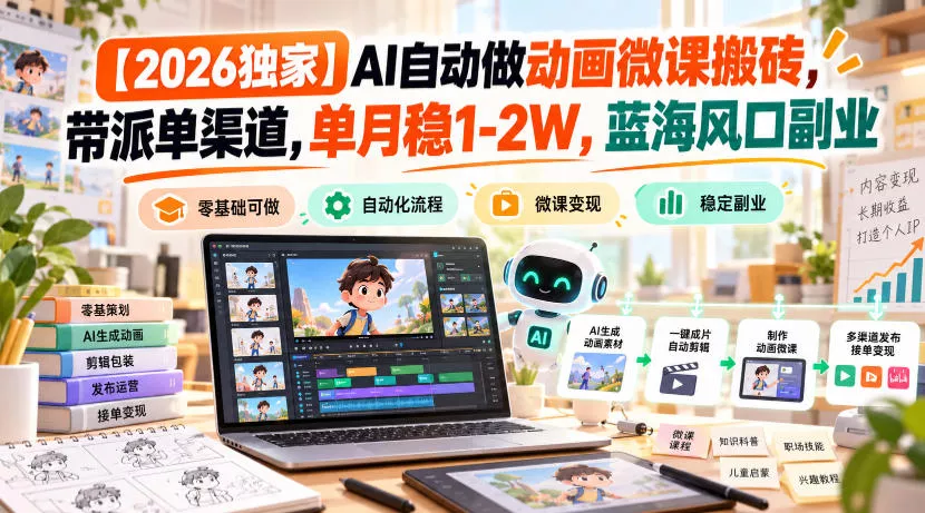【2026独家】AI自动做动画微课搬砖,带派单渠道,单月稳1-2W,蓝海风口副业【揭秘】-小灰云创