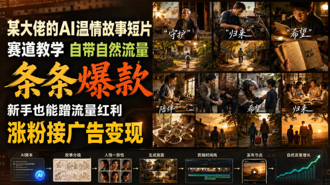 某大佬的AI温情故事短片赛道教学,自带自然流量,条条爆款,新手也能蹭流量红利,涨粉接广告变现-小灰云创