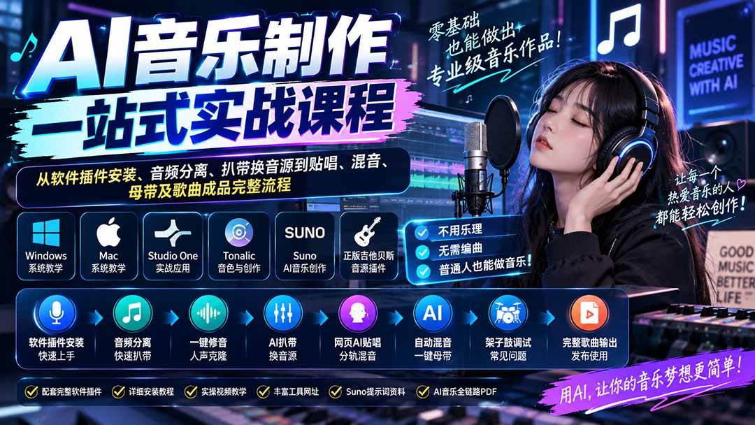 (20490期)AI音乐制作一站式实战课程:从软件插件安装、音频分离、扒带换音源到贴唱、混音、母带及歌曲成品完整流程-小灰云创