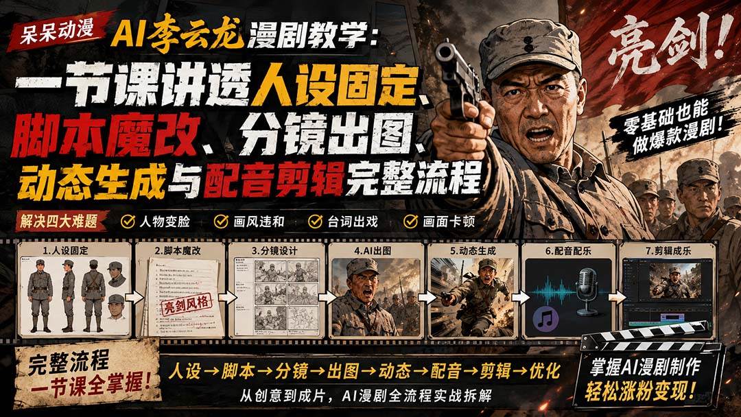 (20107期)呆呆动漫AI李云龙漫剧教学:一节课讲透人设固定、脚本魔改、分镜出图、动态生成与配音剪辑完整流程-小灰云创