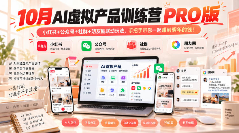 10月AI虚拟产品训练营PRO版,小红书+公众号+社群+朋友圈联动玩法,手把手带你一起赚到明年的钱!-小灰云创