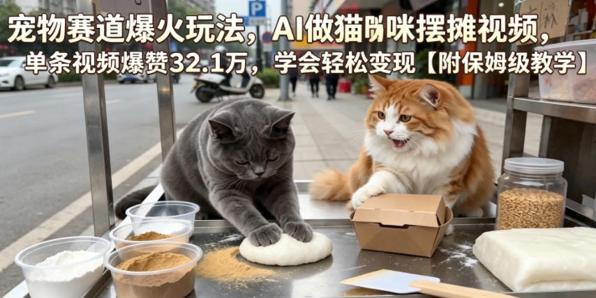 宠物赛道爆火玩法,AI做猫咪摆摊视频,单条视频爆赞32.1万,学会轻松变现【附保姆级教学】-小灰云创