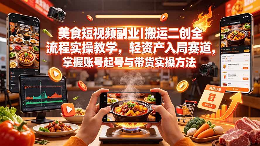 (19535期)美食短视频副业|搬运二创全流程实操教学,轻资产入局赛道,掌握账号起号与带货实操方法-小灰云创