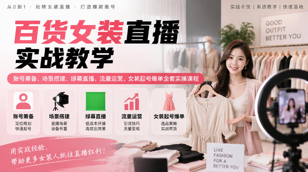 百货女装直播实战教学｜账号筹备、场景搭建、绿幕直播、流量运营、女装起号爆单全套实操课程-小灰云创