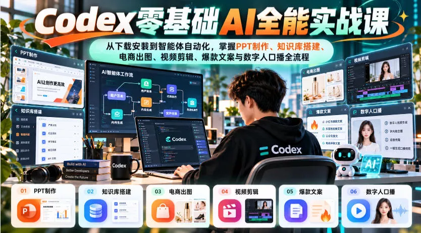 Codex零基础AI全能实战课:从下载安装到智能体自动化,掌握知识库搭建、电商出图、视频剪辑、爆款文案与数字人口播全流程 Codex零基础AI全能实战课:从下载安装到智能体自动化,掌握知识库搭建、电商出图、视频剪辑、爆款文案与数字人口播全流程