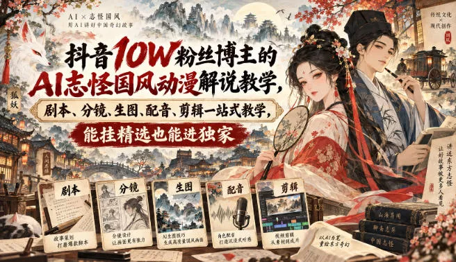 抖音10W粉丝博主满堂诡事的AI志怪国风动漫解说教学，剧本、分镜、生图、配音、剪辑一站式教学，能挂精选也能进独家-小灰云创