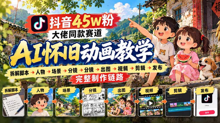 抖音45W粉大佬同款赛道AI怀旧动画实战课:拆解脚本→人物→场景→分镜→出图→视频→剪辑→发布完整制作链路-小灰云创