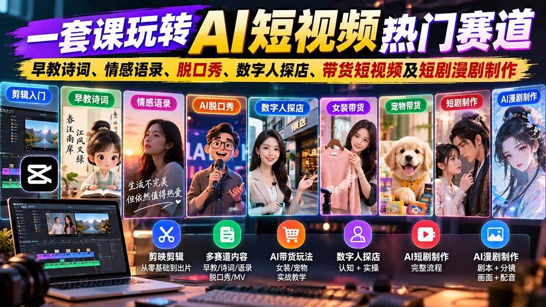 (20964期)一套课玩转AI短视频热门赛道:早教诗词、情感语录、脱口秀、数字人探店、带货短视频及短剧漫剧制作 复制标题-小灰云创