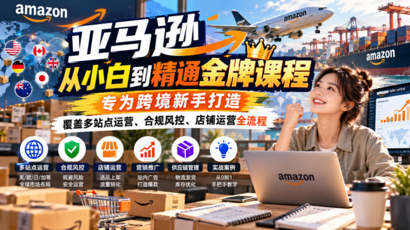 亚马逊从小白到精通金牌课程,专为跨境新手打造,覆盖多站点运营、合规风控、店铺运营全流程-小灰云创