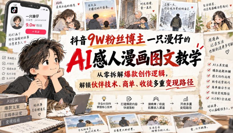 抖音9W粉丝博主一只漫仔的AI感人漫画图文教学，从零拆解爆款创作逻辑，解锁伙伴技术、商单、收徒多重变现路径-小灰云创