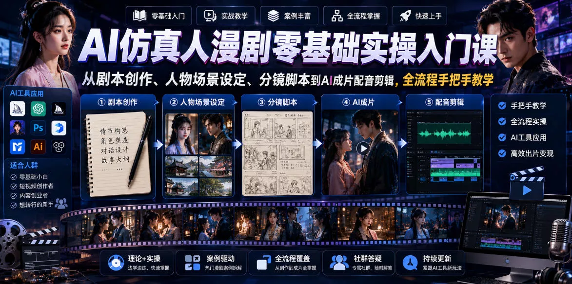 AI仿真人漫剧零基础实操入门课,从剧本创作、人物场景设定、分镜脚本到AI成片配音剪辑,全流程手把手教学-小灰云创