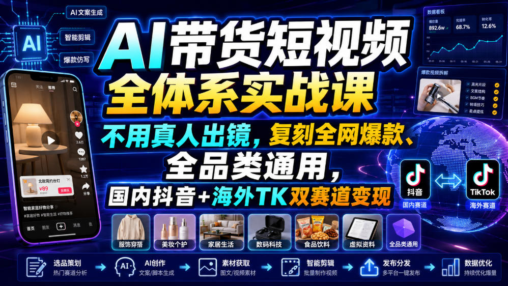 AI带货短视频全体系实战课，不用真人出镜，复刻全网爆款、全品类通用，国内抖音+海外TK双赛道变现-小灰云创