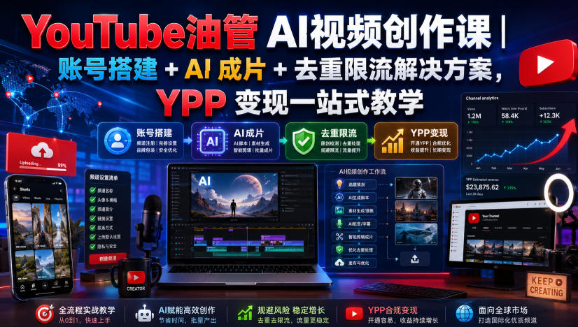 YouTube油管AI视频创作课｜账号搭建+AI成片+去重限流解决方案，YPP变现一站式教学-小灰云创