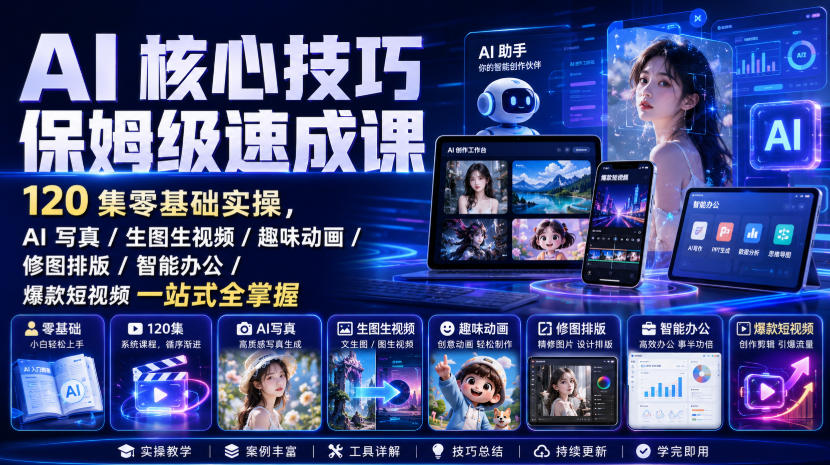 AI核心技巧保姆级速成课|120集零基础实操,AI写真/生图生视频/趣味动画/修图排版/智能办公/爆款短视频一站式全掌握-小灰云创