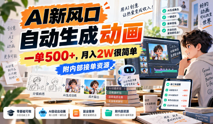 AI新风口，自动生成动画，一单500+，月入2W很简单，附内部接单资源【揭秘】-小灰云创
