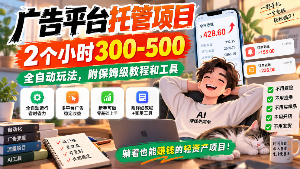 广告平台托管项目，2个小时300-500，全自动玩法，附保姆级教程和工具，小白照着就能做【揭秘】-小灰云创