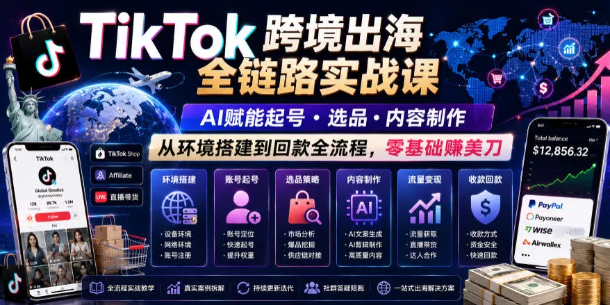 TikTok跨境出海全链路实战课,AI赋能起号・选品・内容制作,从环境搭建到回款全流程,零基础賺美刀-小灰云创