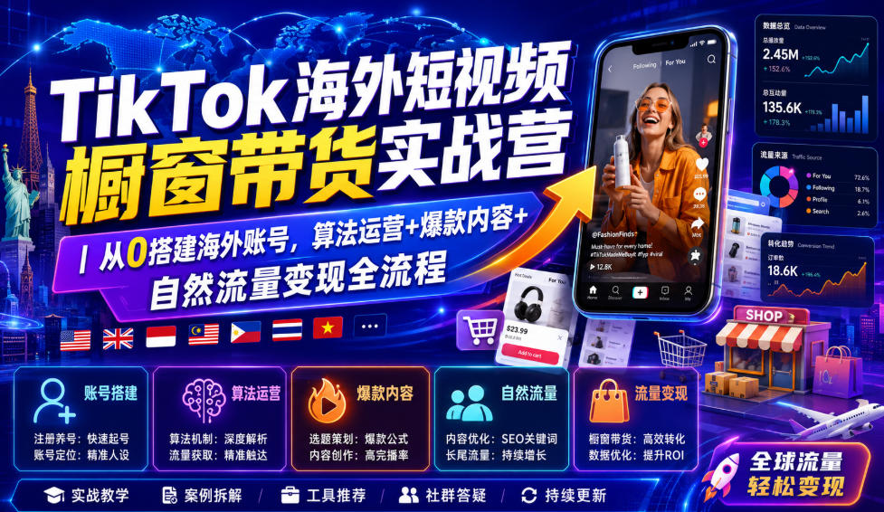 TikTok海外短视频橱窗带货实战营｜从0搭建海外账号，算法运营+爆款内容+自然流量变现全流程-小灰云创