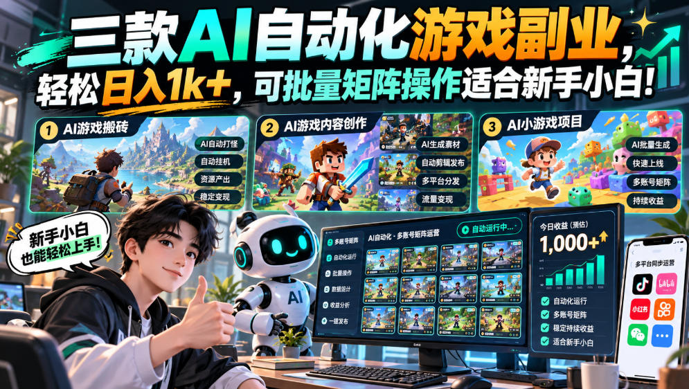 三款AI自动化游戏副业,轻松日入1k+,可批量矩阵操作适合新手小白!【揭秘】-小灰云创