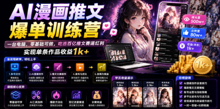 AI漫画推文爆单训练营,一台电脑,零基础可做,吃透百亿推文赛道红利,实现单条作品收益1k+(更新0705)-小灰云创