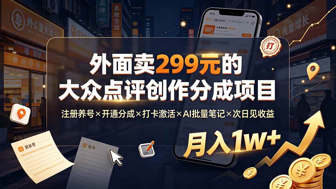（19488期）外面卖299元的大众点评创作分成项目：注册养号×开通分成×打卡激活×AI批量笔记×次日见收益，月入1w+-小灰云创