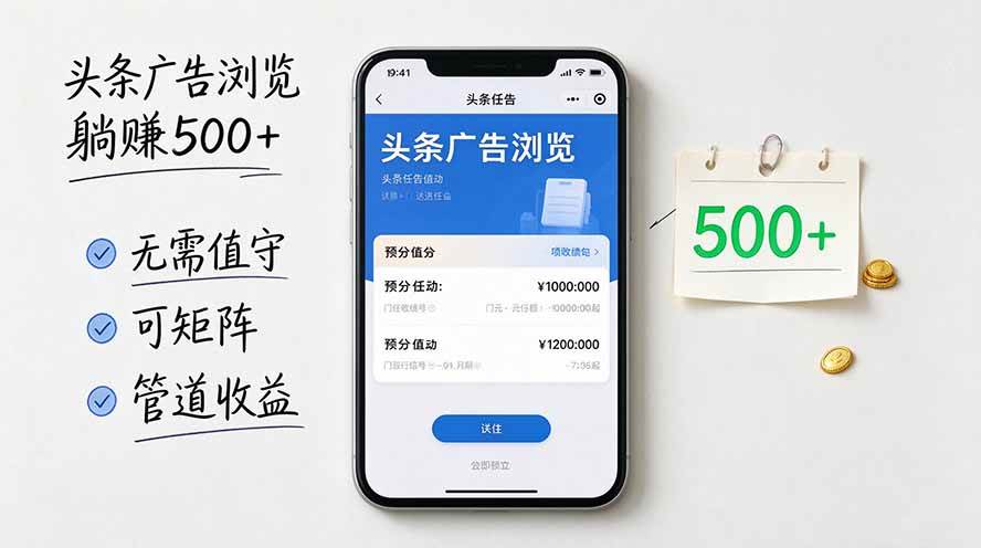 （20835期）头条广告浏览躺赚500+无需值守，可矩阵并附有管道收益-小灰云创
