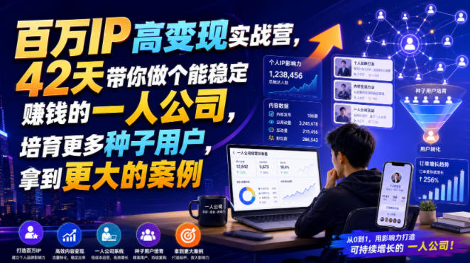 百万IP高变现实战营，42天带你做个能稳定賺钱的一人公司，培育更多种子用户，拿到更大的案例-小灰云创