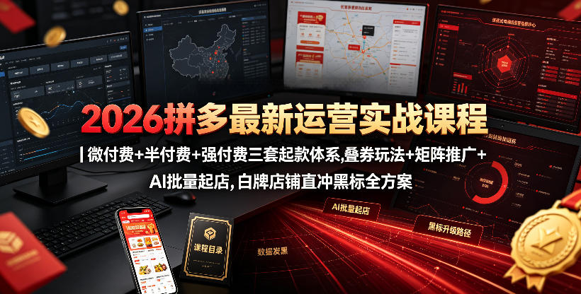 2026拼多多最新运营实战课程｜微付费+半付费+强付费三套起款体系，叠券玩法+矩阵推广+AI批量起店，白牌店铺直冲黑标全方案-小灰云创