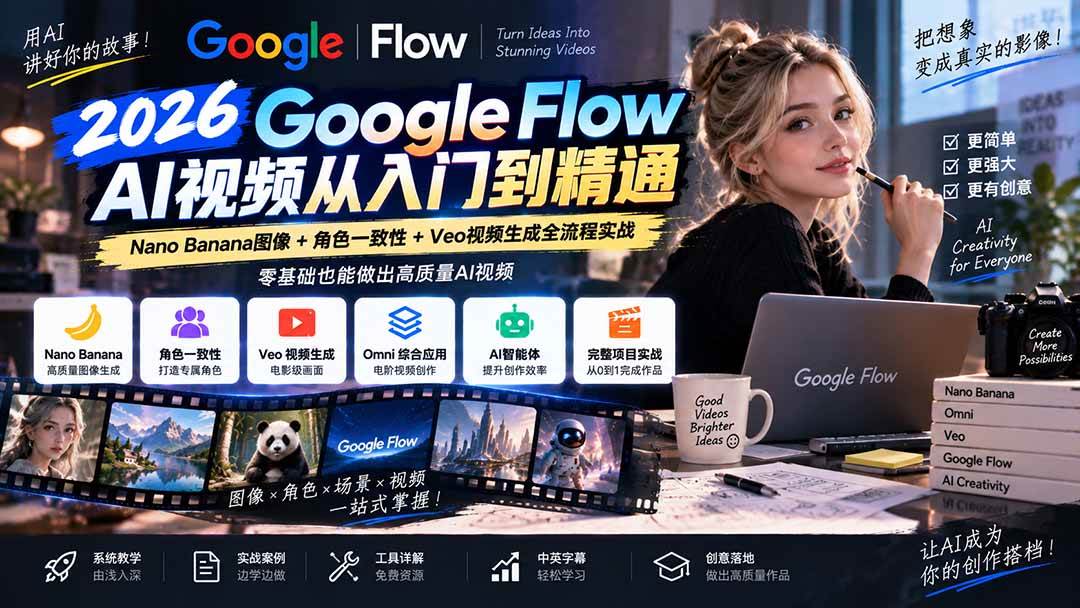（20608期）【无水印】Google Flow AI视频从入门到精通：Nano Banana图像+角色一致性+Veo视频生成全流程实战-精翻中英字幕-小灰云创