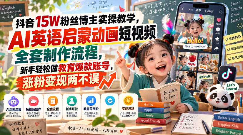 抖音15W粉丝博主实操教学，AI英语启蒙动画短视频全套制作流程，新手轻松做教育爆款账号，涨粉变现两不误-小灰云创