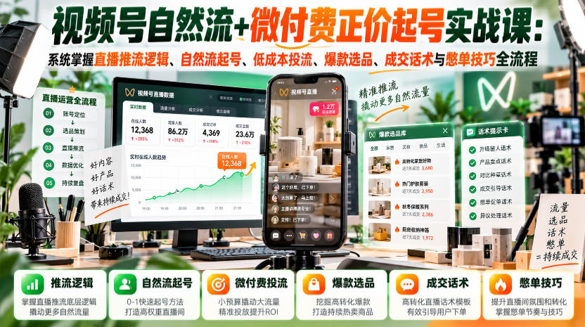 视频号自然流+微付费正价起号实战课：系统掌握直播推流逻辑、自然流起号、低成本投流、爆款选品、成交话术与憋单技巧全流程-小灰云创