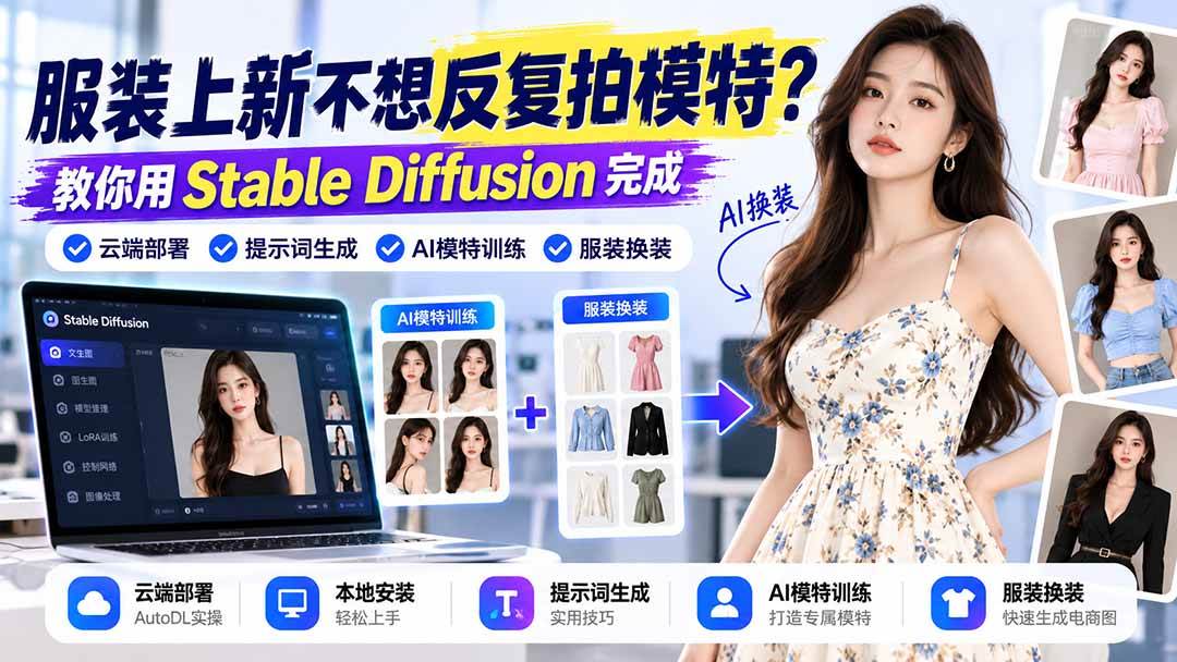 （21099期）服装上新不想反复拍模特？教你用Stable Diffusion完成云端部署、提示词生成、AI模特训练与换装