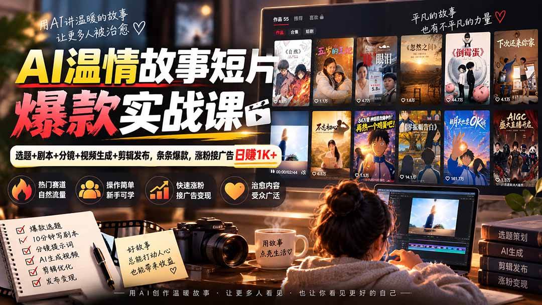 (20477期)AI温情故事短片爆款实战课-更新|选题+剧本+分镜+视频生成+剪辑发布,条条爆款,涨粉接广告日赚1K+-小灰云创